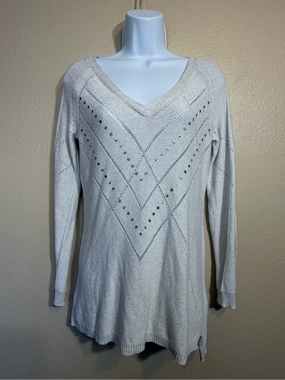 WHBM V-Neck Long Sleeve Light Silver Knit Tunic with Stud Detail